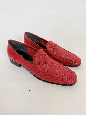 Glacee Red Perforated Bow Loafers Leather Square Toe